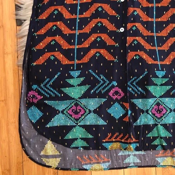 Zara Actez Tribal Geometric Metallic Long Sleeves Colorful Navy Shirtdress M - Picture 9 of 15